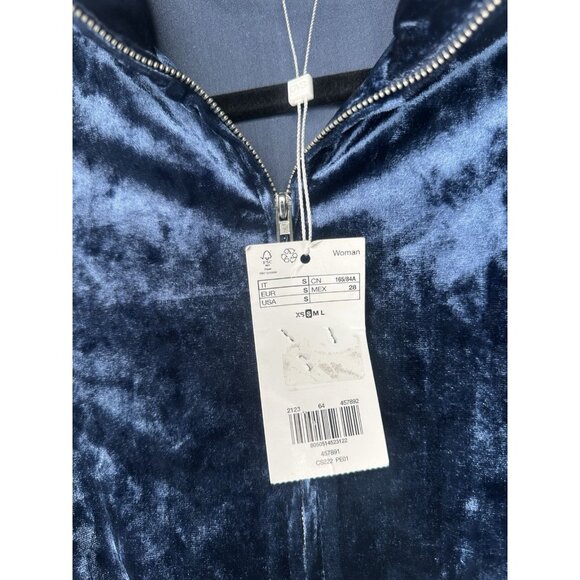 Women Blue Long Sleeve Crushed Velour Zip Up Jacket Hoodie Size Small - Picture 6 of 9
